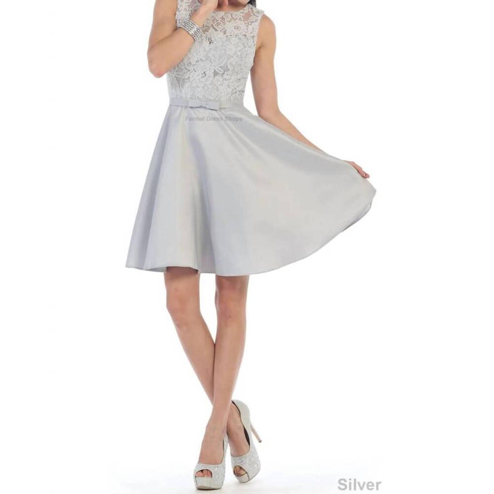 NEW MAY QUEEN COUTURE simple & classy short bridesmaids dress in silver